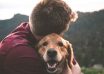 Male hugging a cute dog whit blurred natural background in  Lake