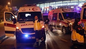 epa05669798 Ambulances are present at the scene after an explosion around Vodafone Arena Stadium in Istanbul, Turkey, 10 December 2016. At least 20 people were wounded in what the Interior Ministry called a car bomb attack after two explosions were heard outside Besiktas Stadium.  EPA/SEDAT SUNA