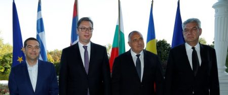VARNA, BULGARIA - OCTOBER 03: (From L to R) Prime Minister of Greece, Alexis Tsipras; President of Serbia, Aleksandar Vucic; Prime Minister of Bulgaria, Boyko Borisov and Prime Minister of Romania, Mhai Tudose pose before holding a Balkan Countries Quartet Meeting  in Varna, Bulgaria on October 03, 2017. (Photo by Ihvan Radoykov/Anadolu Agency/Getty Images)