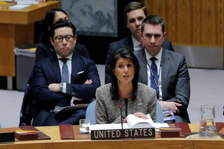 United States ambassador to the United Nations (UN) Nikki Haley speaks during a meeting of the UN Security Council to discuss a North Korean missile launch at UN headquarters in New York, U.S., November 29, 2017. REUTERS/Lucas Jackson