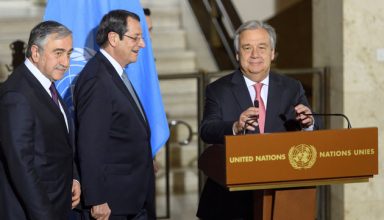 United Nations Secretary General Antonio Guterres arrives with Greek Cypriot President Nicos Anastasiades and Turkish Cypriot leader Mustafa Akinci, for a news conference after the Conference on Cyprus Peace Talks, at the European headquarters of the United Nations in Geneva, Switzerland, January 12, 2017. REUTERS/Martial Trezzini/Pool