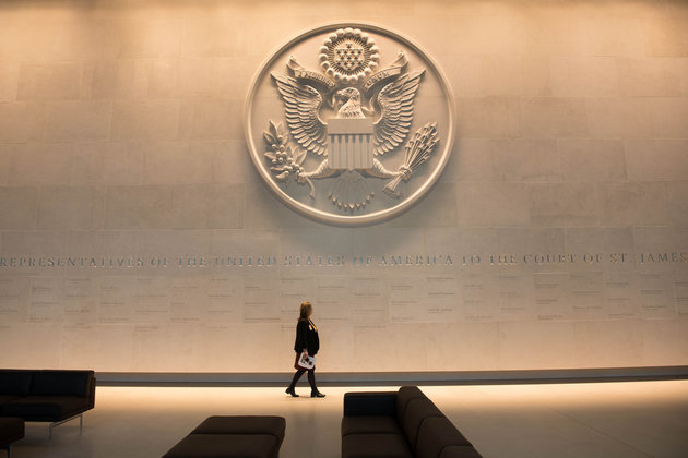 The main lobby entrance with a large Department of State embossed seal, along with all the names of the ambassadors to the Court of St James's is seen in the new United States embassy building is seen during a press preview near the River Thames in London, Britain December 13, 2017. REUTERS/Stefan Rousseau/Pool