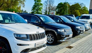 MOENCHENGLADBACH, GERMANY - APRIL 30, 2017: Beautiful JEEP Car parking in front of car store