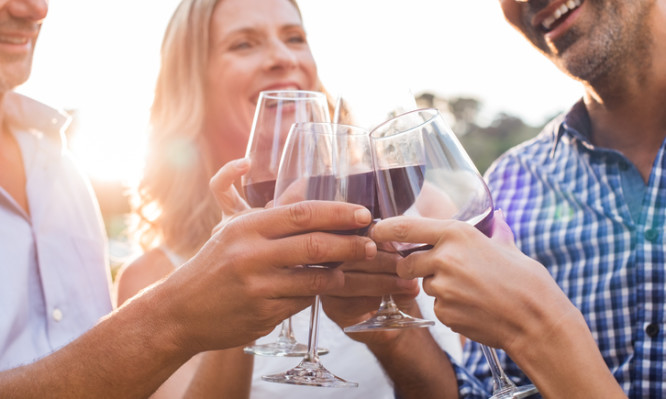 Group of mature friends raising a toast with glasses of red wine outdoor during sunset. Close up hands of senior men and women toasting with wine. Close up shot of friends hands cheering.
