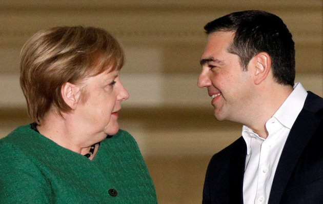 Greek Prime Minister Alexis Tsipras welcomes German Chancellor Angela Merkel at the Maximos Mansion in Athens, Greece, January 10, 2019. REUTERS/Alkis Konstantinidis