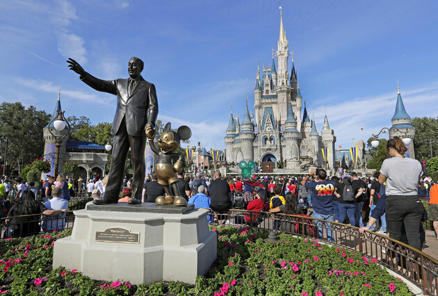 In this Wednesday, Jan. 9, 2019 photo, guests watch a show near a statue of Walt Disney and Micky Mouse in front of the Cinderella Castle at the Magic Kingdom at Walt Disney World in Lake Buena Vista, Fla. Disney is eliminating smoking areas at its theme and water parks in California and Florida. The company said in a statement on Thursday, March 28 that smoking also won't be allowed at the ESPN Wide World of Sports Complex or Downtown Disney in California starting May 1. (AP Photo/John Raoux)
