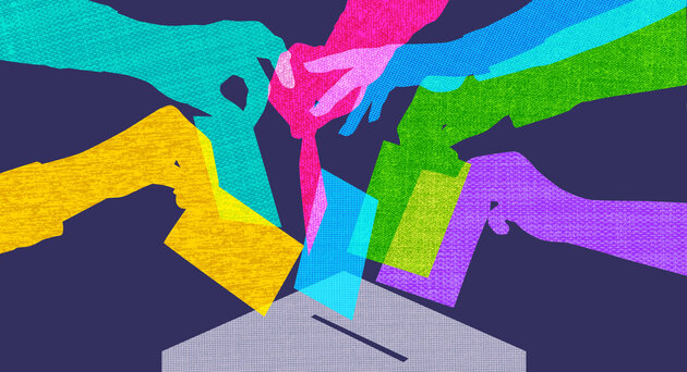 Colourful overlapping silhouettes of hands voting in fabric texture
