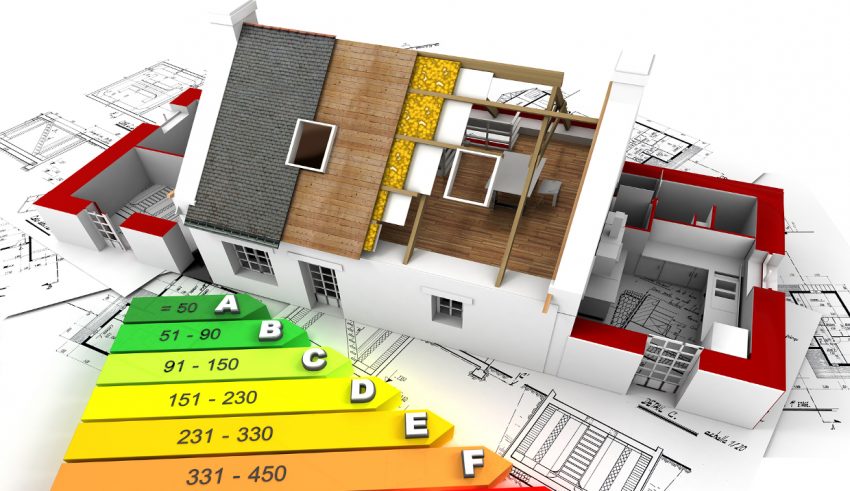 3D rendering of a house in construction, on top of blueprints, with an energy efficiency rating chart