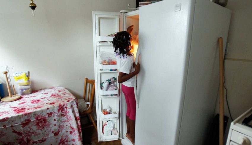 Tashawna Green's daughter Taishaun, 6, reaches into the freezer for an ice pop at her home in Queens Village, New York August 21, 2011. Green who up until recently worked 25 hours a week at Target, is on food stamps and says a good number of her colleagues are too. Green made $8.08 cents an hour working for Target. "It's a good thing that the government helps, but if employers paid enough and gave enough hours, then we wouldn't need to be on food stamps." Picture taken August 21, 2011. To match Insight USA-POVERTY-FOODSTAMPS/        REUTERS/Jessica Rinaldi (UNITED STATES - Tags: SOCIETY) - GM1E78N03BB01