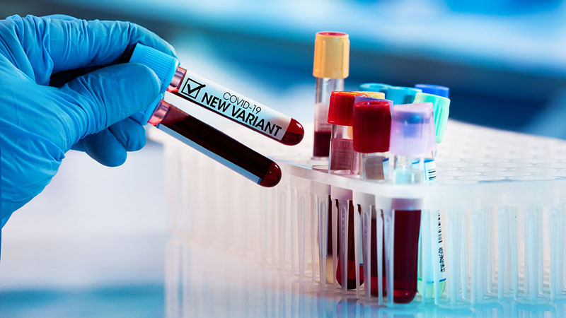 Doctor in the lab holding tubes of blood identified with the label Covid-19 New Variant. Laboratory Technician with blood samples with a New Variant of the Coronavirus