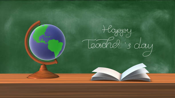 This stock image for Happy Teachers Day on the chalkboard with a spinning globe and book is an engaging and dynamic scene. The image features a chalkboard background with the words "Happy Teachers Day" written in white chalk letters. In the center of the image, a spinning globe is displayed, symbolizing the global impact of education and the important role that teachers play in shaping the world. A book is also prominently displayed, emphasizing the value and importance of education.