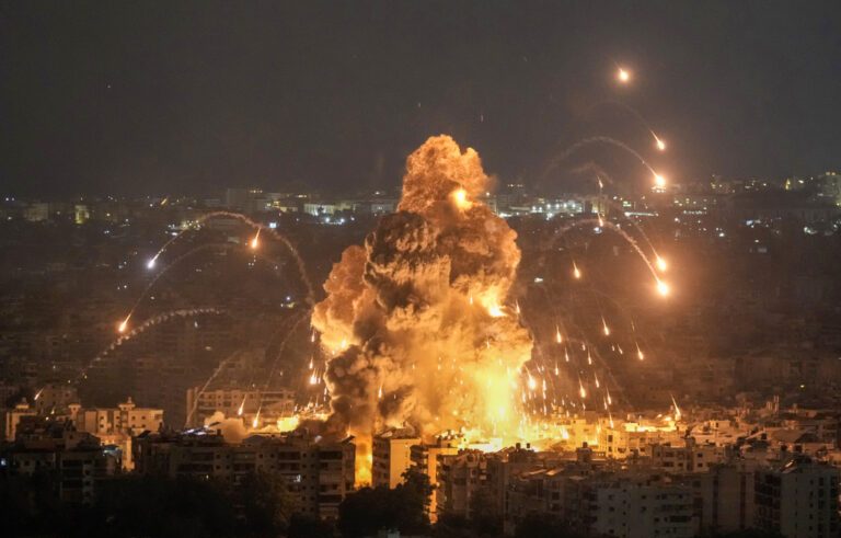 FILE - Flames and smoke rise from an Israeli airstrike in Dahiyeh, Beirut, Lebanon, Sunday, Oct. 6, 2024. (AP Photo/Bilal Hussein, File)